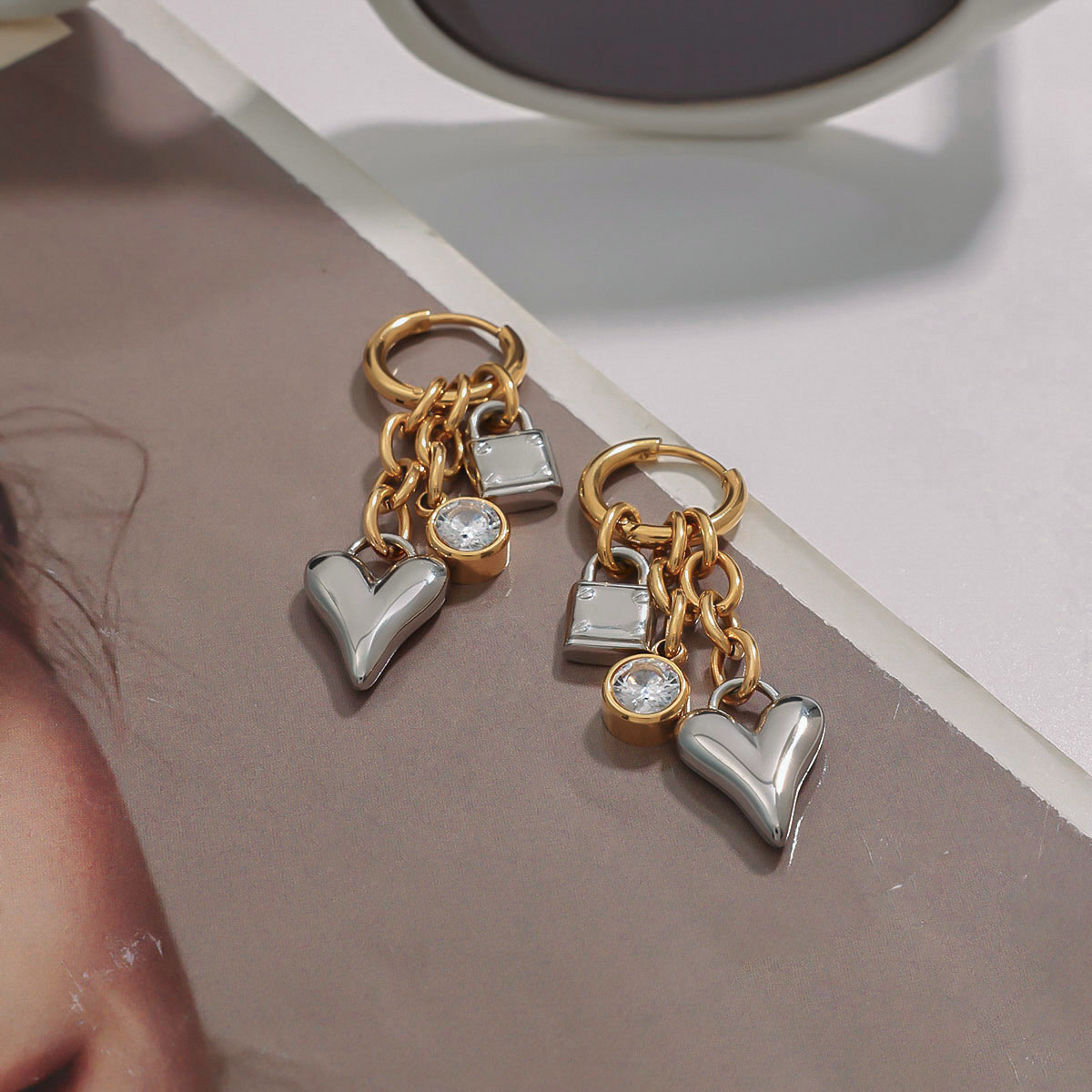 Sarah Heart & Lock Gold Earrings